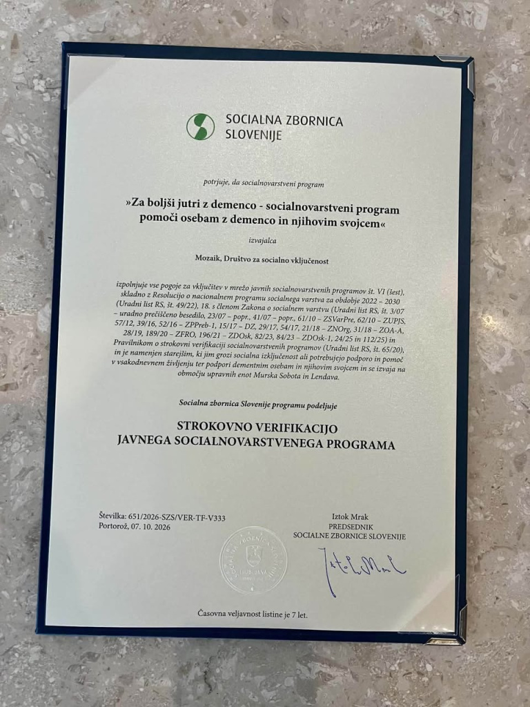 Verifikacija programa Za boljši jutri z demenco